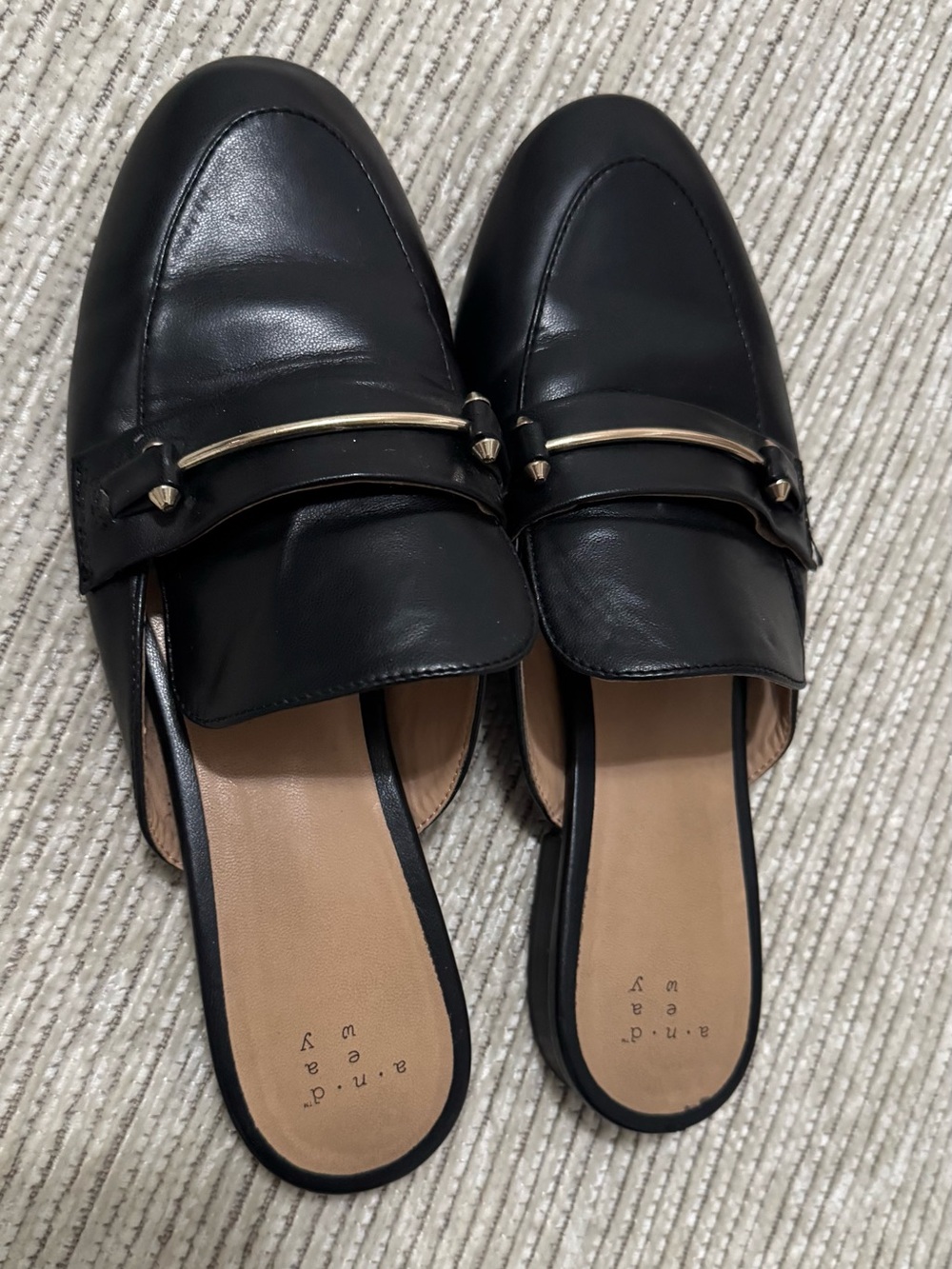 Target Black Leather Backless Mules with Gold Bar Detail